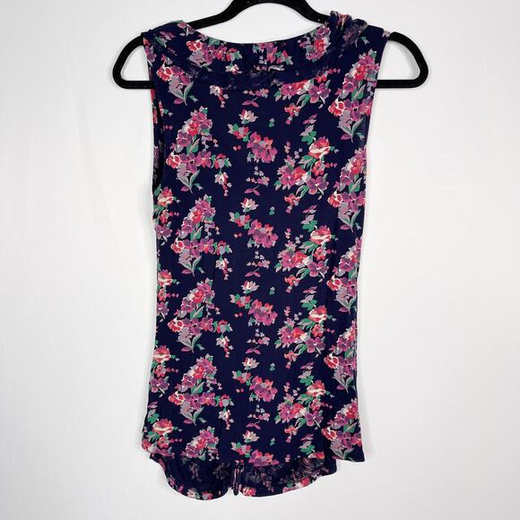 Express Womens Medium Navy Blue Pink Floral Ruffled Front Sleeveless Blouse Top - Picture 2 of 7